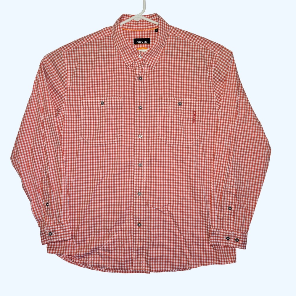 Orvis Active Fit Gingham Button Down Shirt Mens Large L/S Orange White 3HKY - Picture 2 of 7